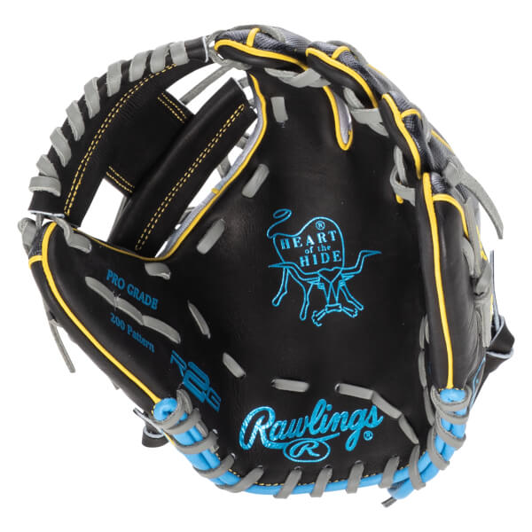 Interior view of a black baseball glove with blue "Rawlings" logo, "Heart of the Hide" emblem, and yellow trim.