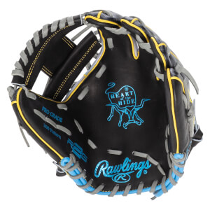 Interior view of a black baseball glove with blue "Rawlings" logo, "Heart of the Hide" emblem, and yellow trim.