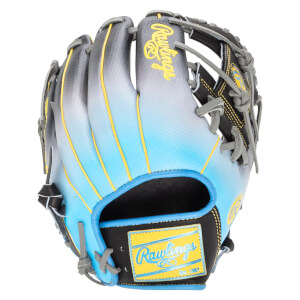 Front view of a Rawlings baseball glove with a blue and grey gradient, yellow stitching, and a yellow Rawlings logo patch.