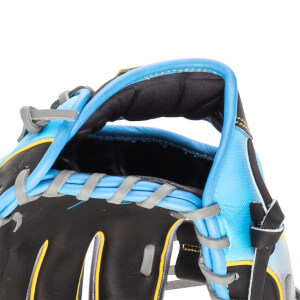 Close-up of a black and blue baseball glove showing gray lacing and yellow trim.