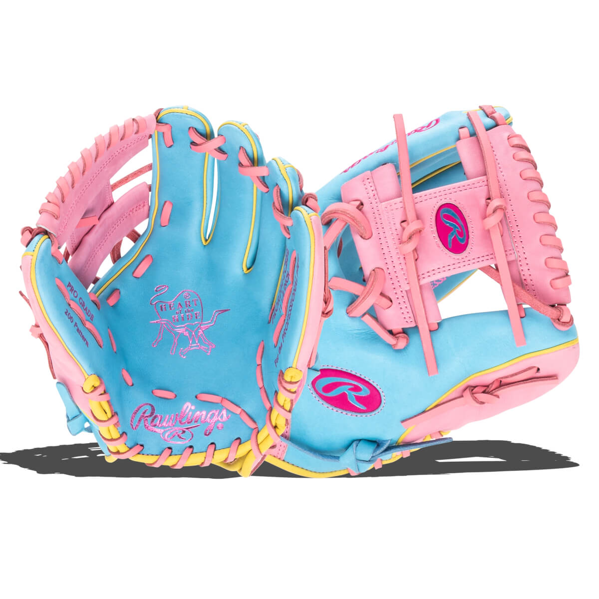 Front view of a blue and pink baseball glove with yellow lacing and "Rawlings" logo.