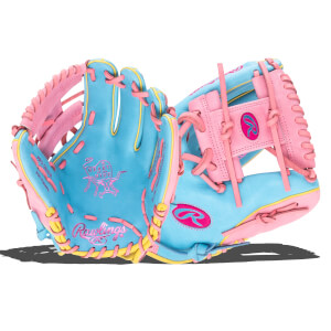 Front view of a blue and pink baseball glove with yellow lacing and "Rawlings" logo.