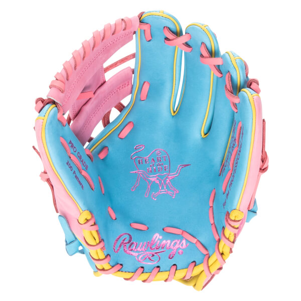Front view of a blue, pink, and yellow Rawlings baseball glove with "PRO GRADE" and "HEART OF THE HIDE" text.