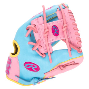 Side view of a blue and pink baseball glove with yellow trim and Rawlings logos.