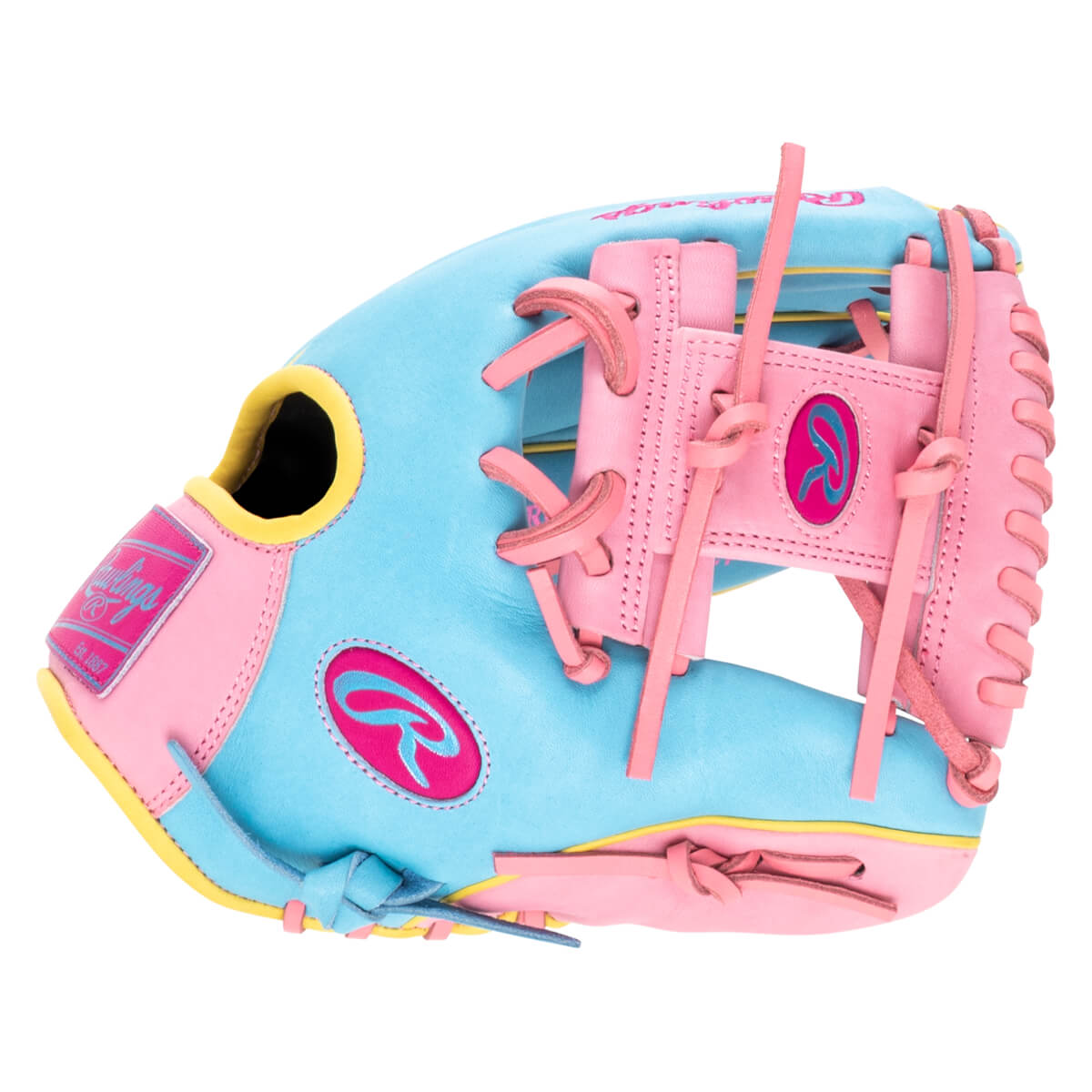 Side view of a blue and pink Rawlings baseball glove with yellow trim and a pink Rawlings logo.