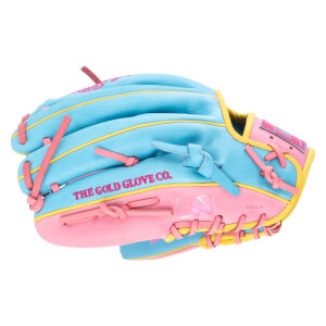 Side view of a blue baseball glove with pink and yellow accents, showing "THE GOLD GLOVE CO." text and an MLB logo.