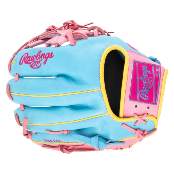 Front view of a blue and pink baseball glove with yellow trim and "Rawlings" logo.