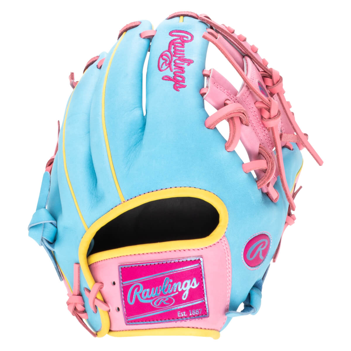 Front view of a blue baseball glove with pink laces and yellow trim, featuring a pink Rawlings logo patch.