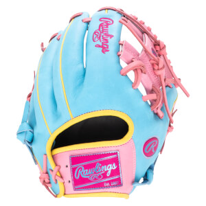 Front view of a blue baseball glove with pink laces and yellow trim, featuring a pink Rawlings logo patch.