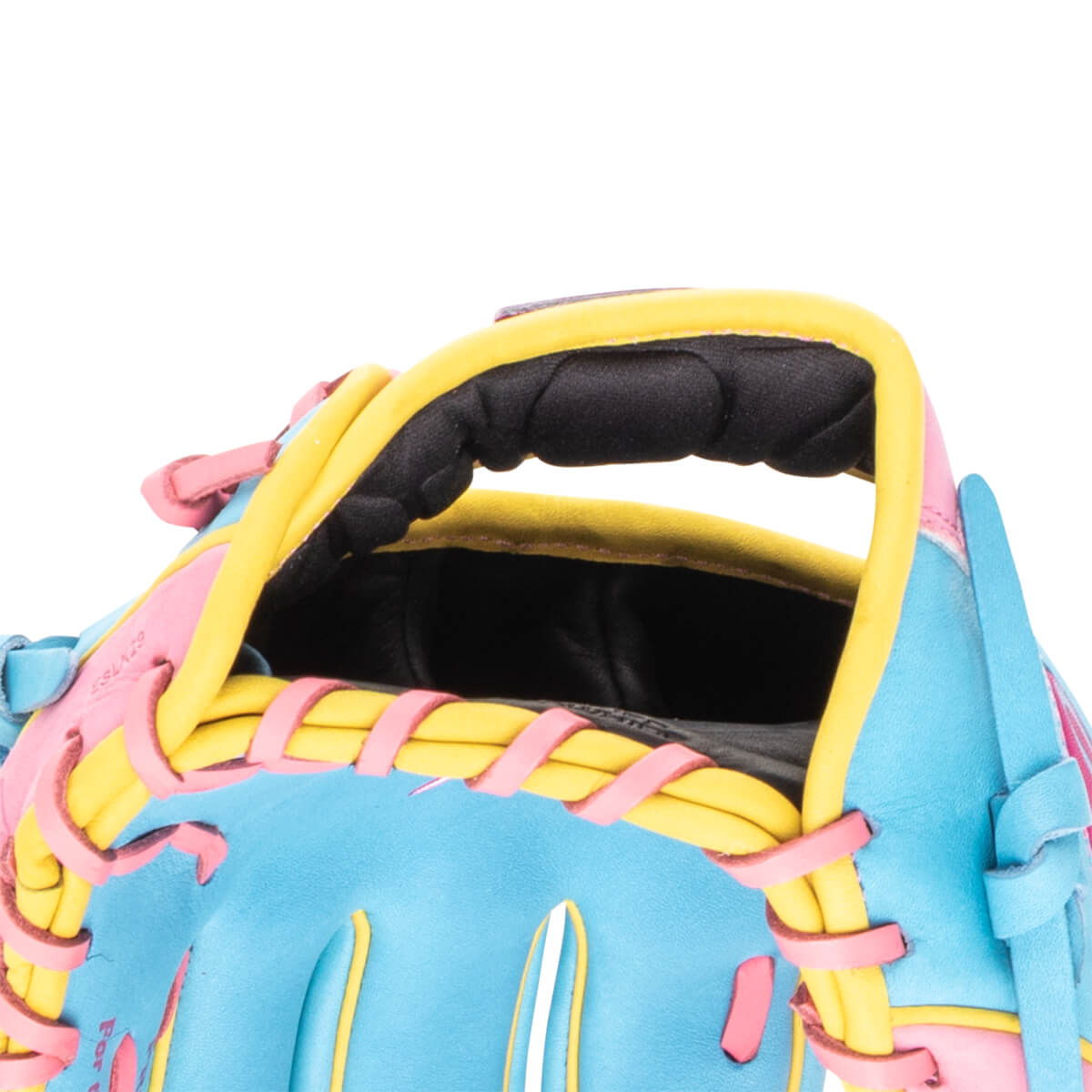 Close-up of a baseball glove showing the pink lacing, yellow trim, and blue leather.