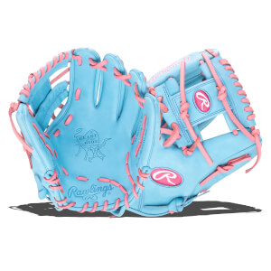 Front view of a light blue baseball glove with pink lacing, featuring Rawlings and Heart of the Hide logos.