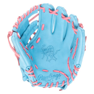 Top-down view of a blue baseball glove with pink lacing, featuring "Rawlings" and "HEART of the HIDE" logos.