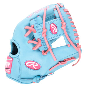 Front view of a light blue baseball glove with pink laces, featuring a pink Rawlings logo patch and "Est. 1887" text.