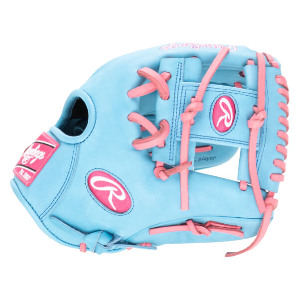 Side view of a light blue baseball glove with pink laces and Rawlings logos.