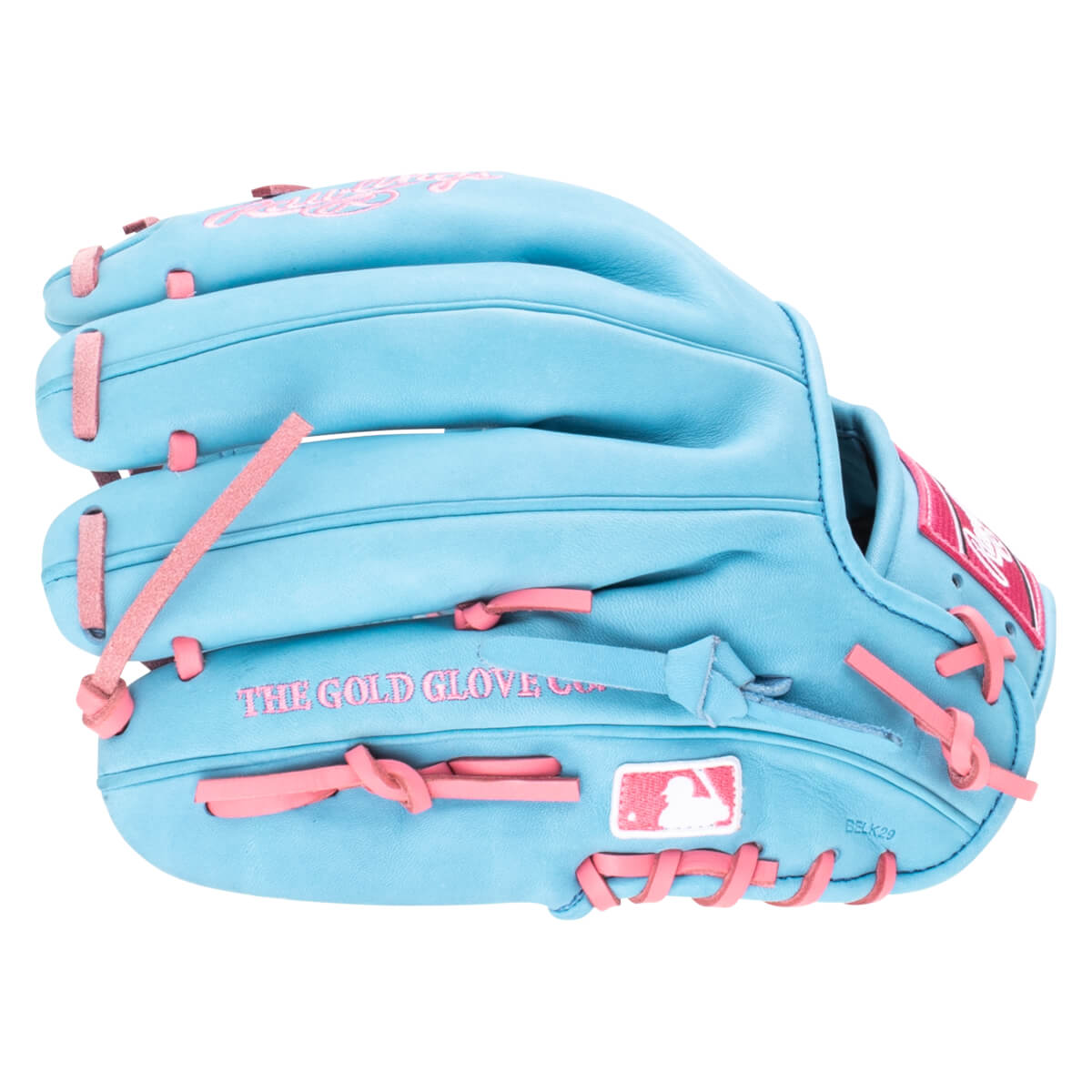 Side view of a light blue baseball glove with pink lacing and embroidered text "THE GOLD GLOVE CO."