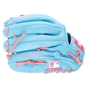 Side view of a light blue baseball glove with pink lacing and embroidered text "THE GOLD GLOVE CO."