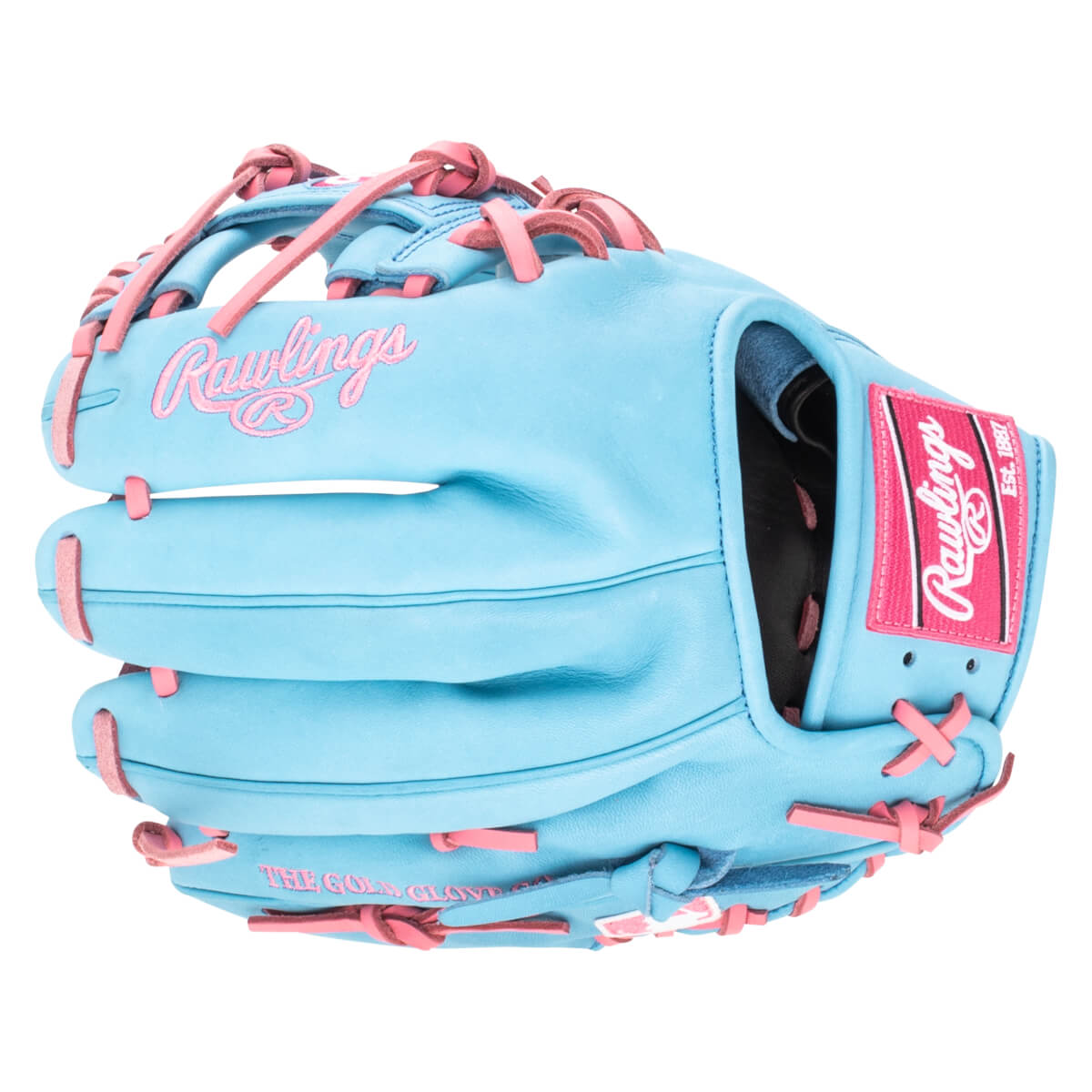 Side view of a light blue Rawlings baseball glove with pink lacing and embroidered "Rawlings" logo.