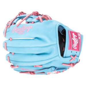Side view of a light blue Rawlings baseball glove with pink lacing and embroidered "Rawlings" logo.