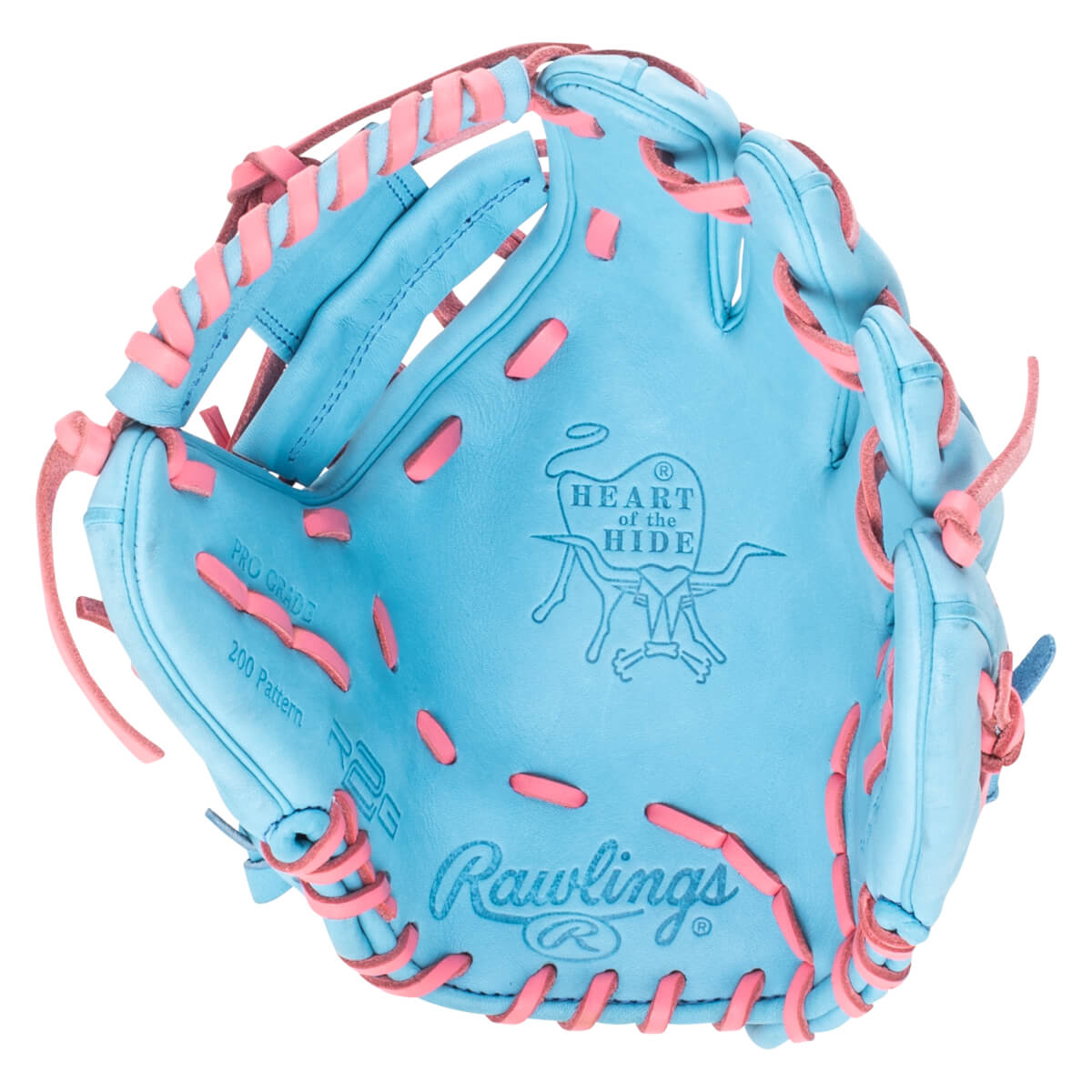 Top-down view of a blue baseball glove with pink lacing, featuring "Rawlings" and "Heart of the Hide" logos.
