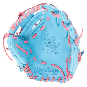 Top-down view of a blue baseball glove with pink lacing, featuring "Rawlings" and "Heart of the Hide" logos.