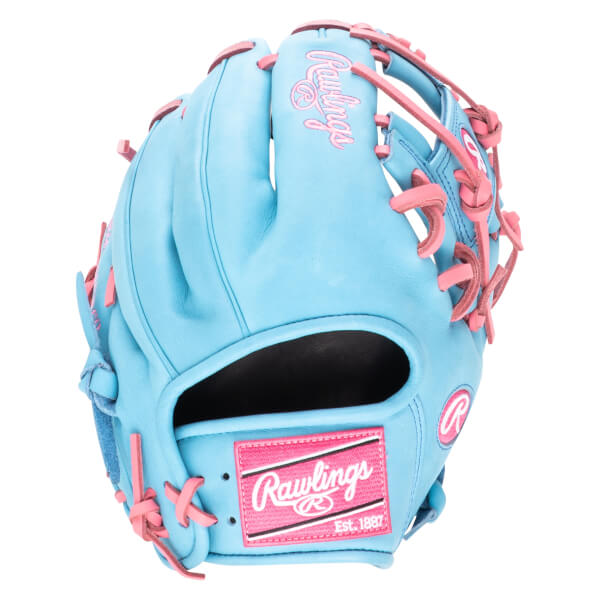Front view of a light blue baseball glove with pink lacing and a pink Rawlings patch.