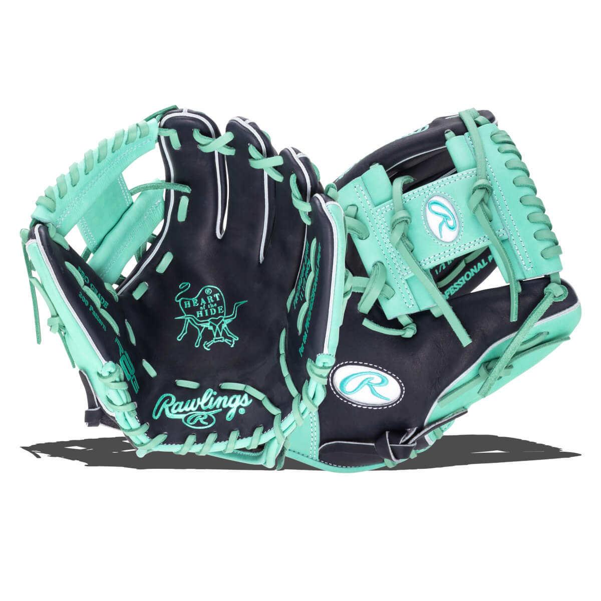 Open view of a navy and mint Rawlings baseball glove showing the "Heart of the Hide" logo and "Rawlings" script.