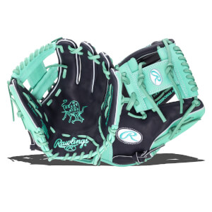 Open view of a navy and mint Rawlings baseball glove showing the "Heart of the Hide" logo and "Rawlings" script.