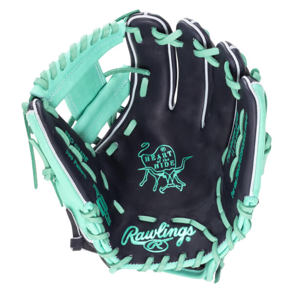Front view of a navy and mint Rawlings baseball glove with "Rawlings" and "Heart of the Hide" logos.