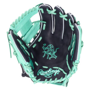Front view of a navy and mint Rawlings baseball glove with "Rawlings" and "Heart of the Hide" logos.