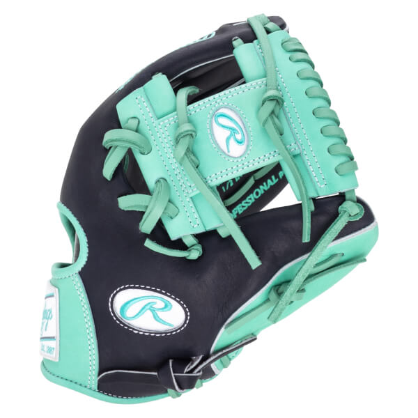 Top-down view of a navy and mint Rawlings baseball glove with a prominent "R" logo and "PROFESSIONAL" text.
