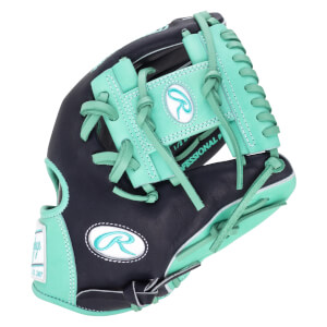 Top-down view of a navy and mint Rawlings baseball glove with a prominent "R" logo and "PROFESSIONAL" text.