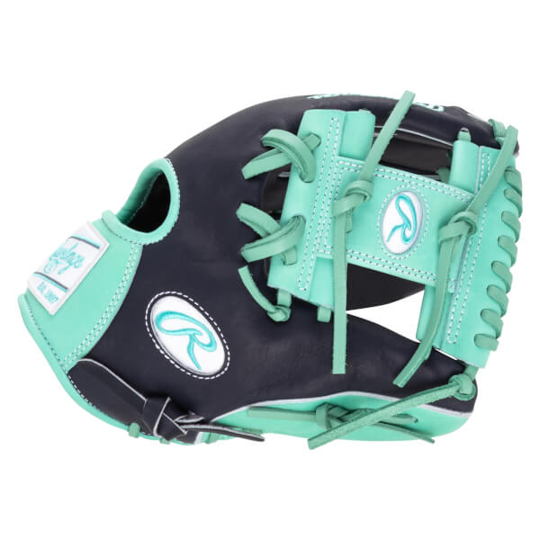 Side view of a navy and mint Rawlings baseball glove with a white "R" logo and "Est. 1887" text.