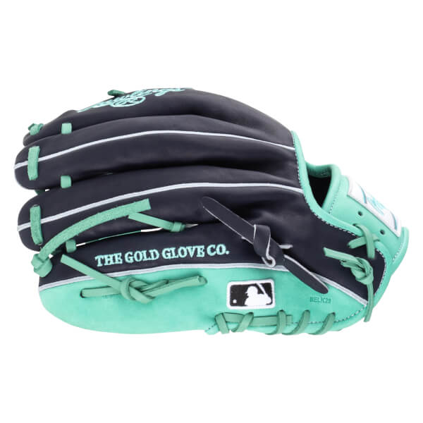 Side view of a navy and teal baseball glove with "THE GOLD GLOVE CO." and MLB logo.