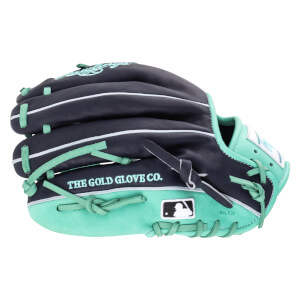 Side view of a navy and teal baseball glove with "THE GOLD GLOVE CO." and MLB logo.