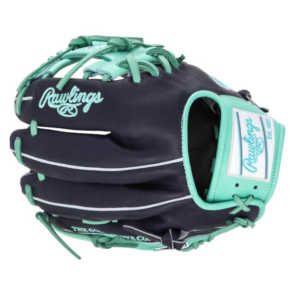 Top-down view of a navy and mint Rawlings baseball glove with white stitching and "Rawlings" embroidered on the palm.