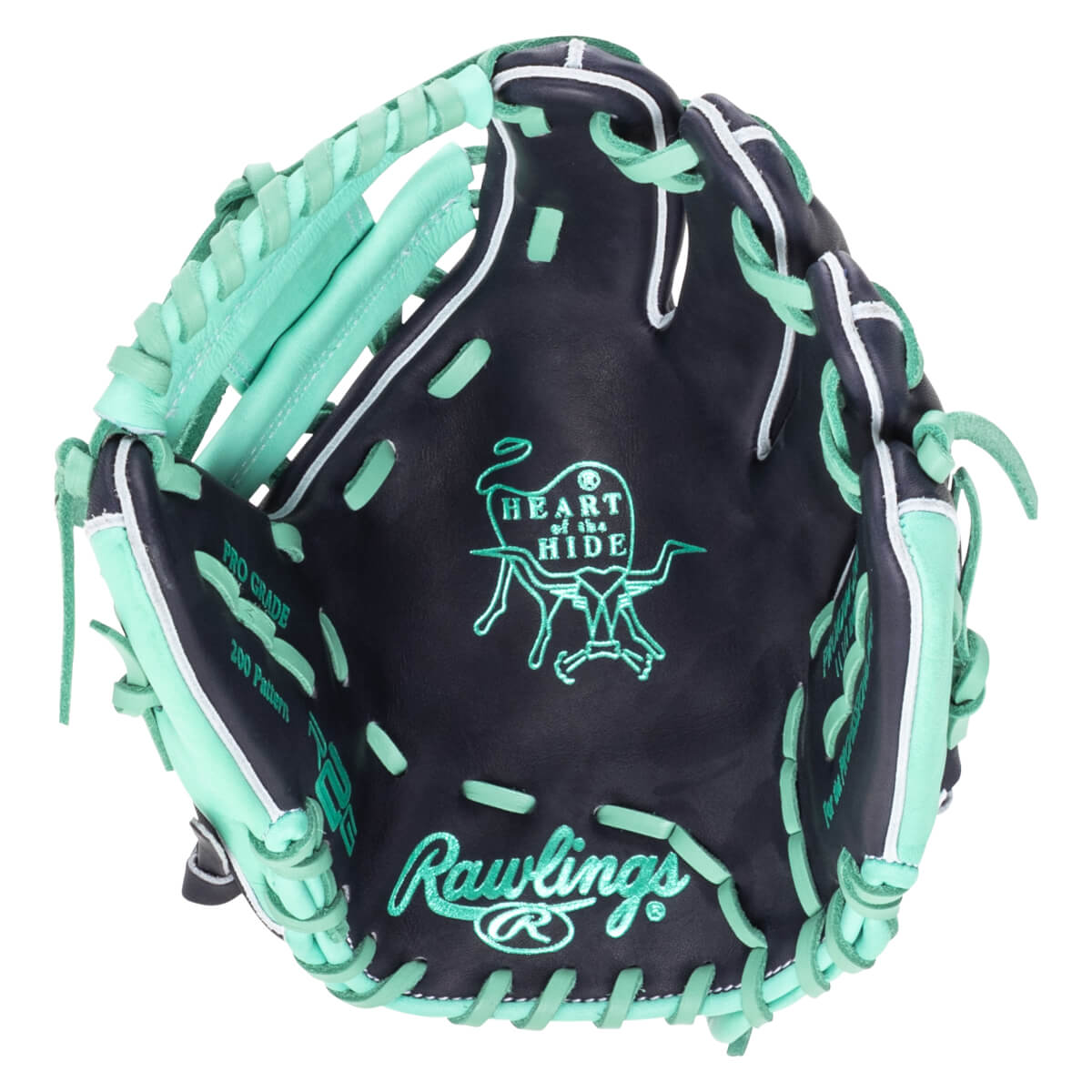 Top-down view of a navy baseball glove with mint green lacing and stitching, featuring the Rawlings logo and "Heart of the Hide" emblem.