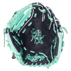 Top-down view of a navy baseball glove with mint green lacing and stitching, featuring the Rawlings logo and "Heart of the Hide" emblem.