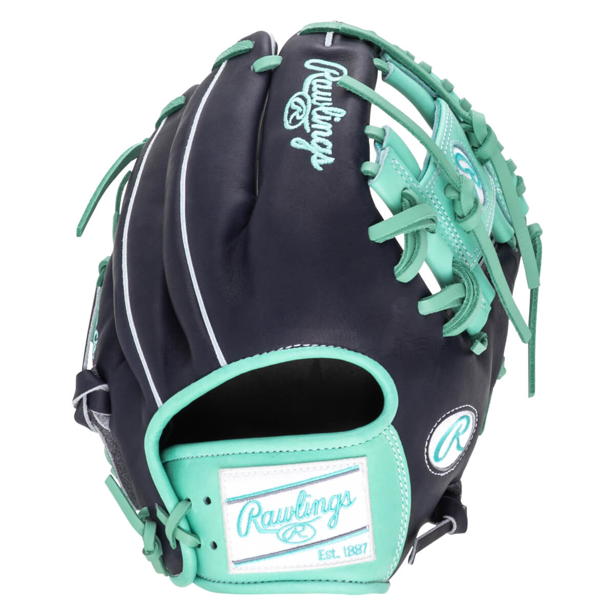 Front view of a navy baseball glove with teal lacing and a Rawlings logo.