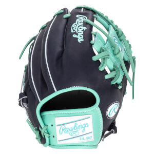 Front view of a navy baseball glove with teal lacing and a Rawlings logo.