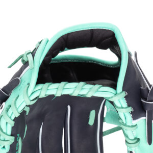 Close-up of a navy baseball glove with aqua lacing and trim, showing the "BEL29" model number.