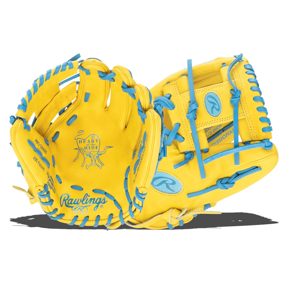 Top-down view of a yellow Rawlings baseball glove with bright blue lacing and the "Heart of the Hide" logo.