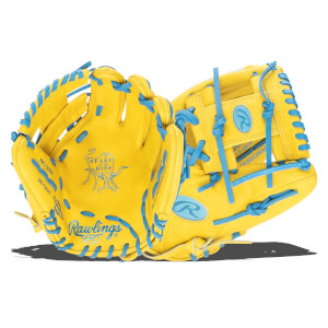 Top-down view of a yellow Rawlings baseball glove with bright blue lacing and the "Heart of the Hide" logo.