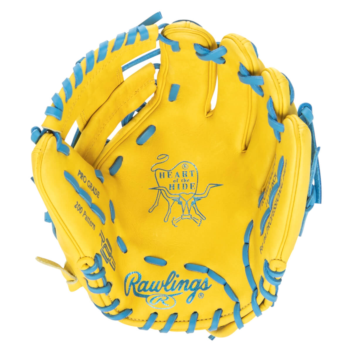 Top-down view of a yellow baseball glove with blue lacing, showing the "Rawlings" logo and "Heart of the Hide" emblem.