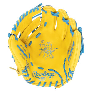 Top-down view of a yellow baseball glove with blue lacing, showing the "Rawlings" logo and "Heart of the Hide" emblem.