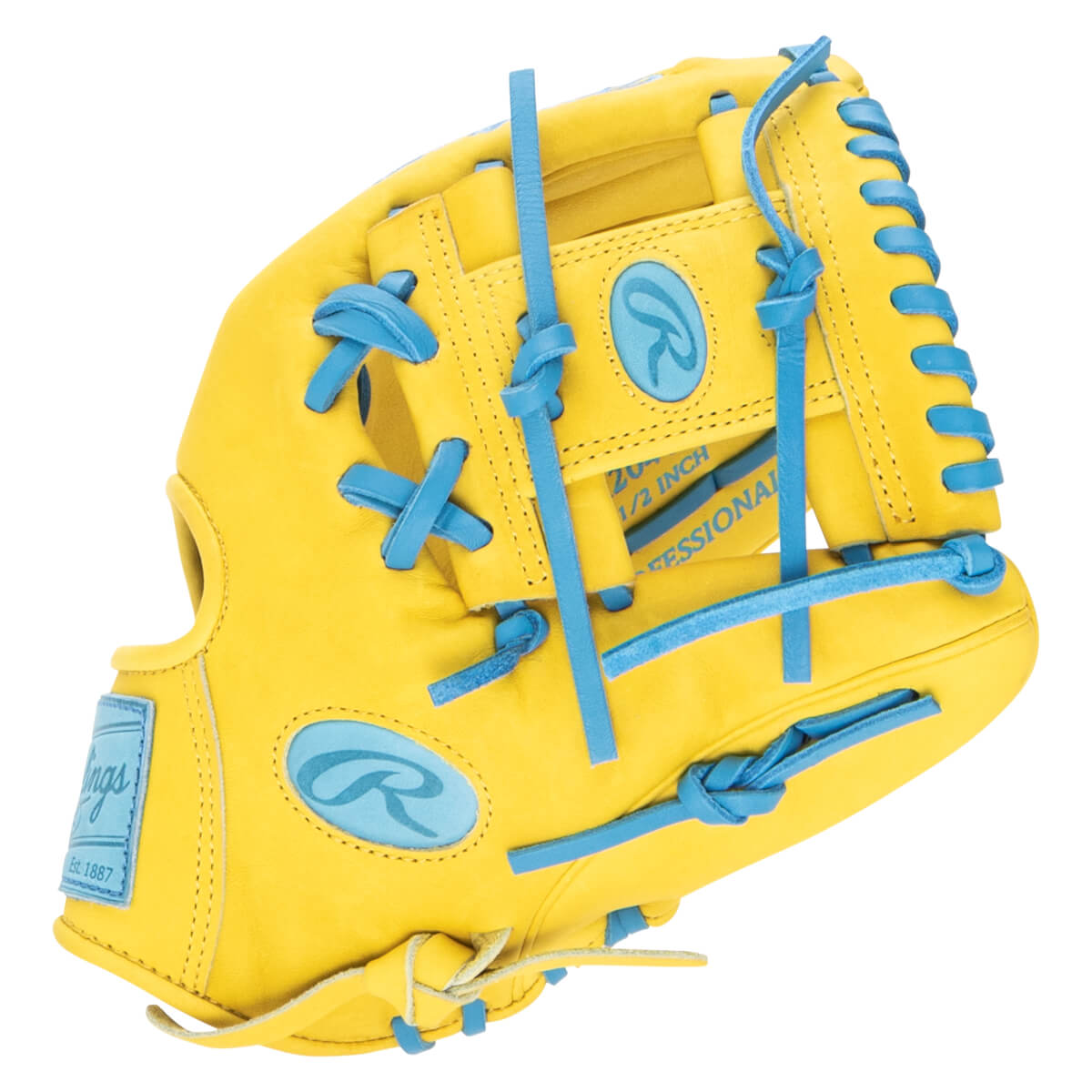 Top-down view of a yellow baseball glove with bright blue lacing and Rawlings logos.