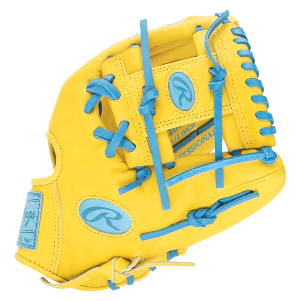Top-down view of a yellow baseball glove with bright blue lacing and Rawlings logos.