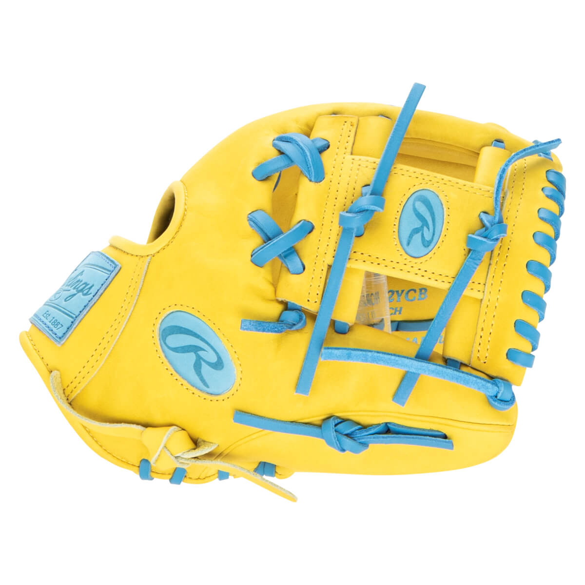 Top-down view of a yellow baseball glove with bright blue laces and Rawlings logos.