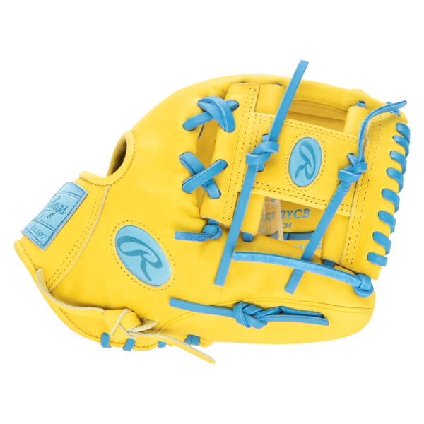 Top-down view of a yellow baseball glove with bright blue laces and Rawlings logos.