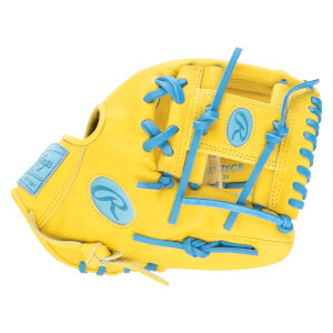 Top-down view of a yellow baseball glove with bright blue laces and Rawlings logos.