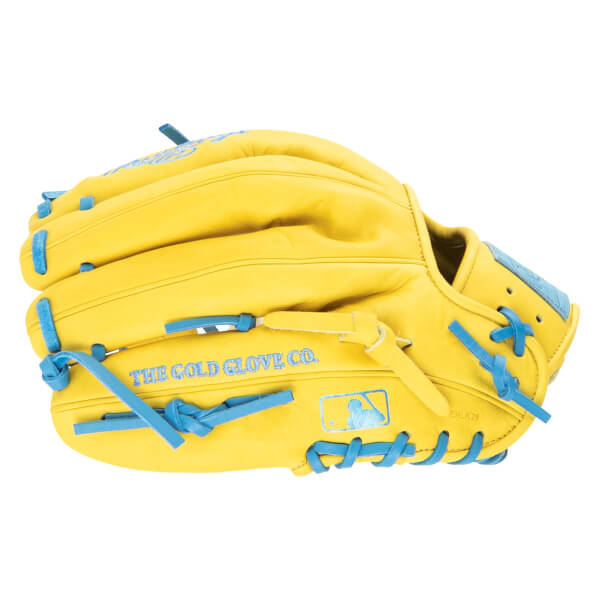 Side view of a yellow baseball glove with blue lacing, featuring "THE GOLD GLOVE CO." and the MLB logo.